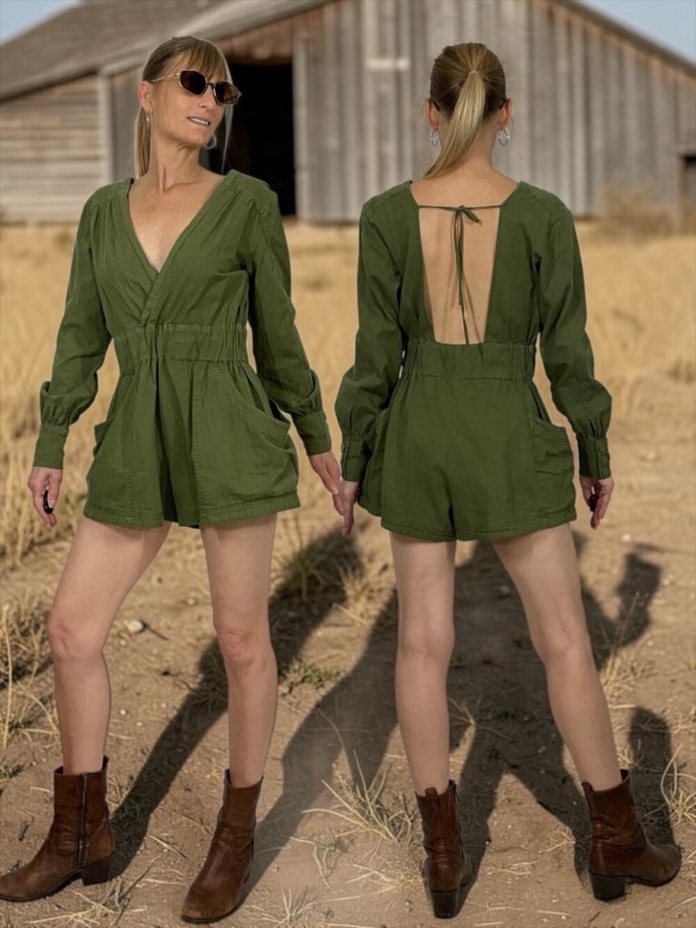 Free People Beside You Shortall Romper XS Olive Sparrow Long Sleeve
